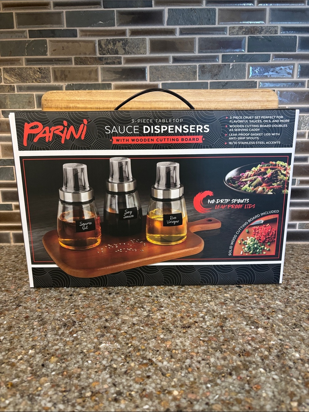 Parini 3-Piece Sauce Dispensers with Wooden Cutting Board - Black & Silver